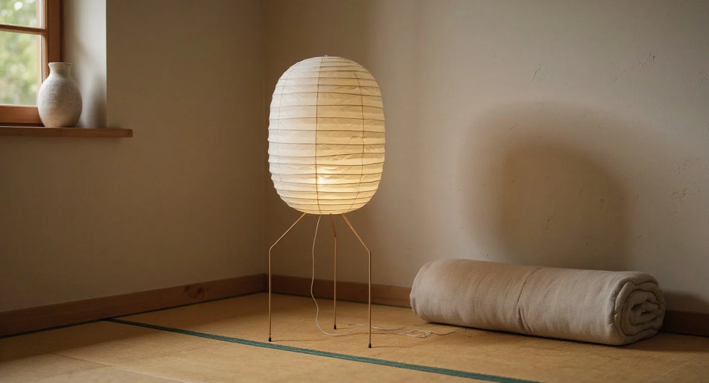 Japandi-style washi floor lamp beside futon in minimalist morning room with tatami and pale plaster