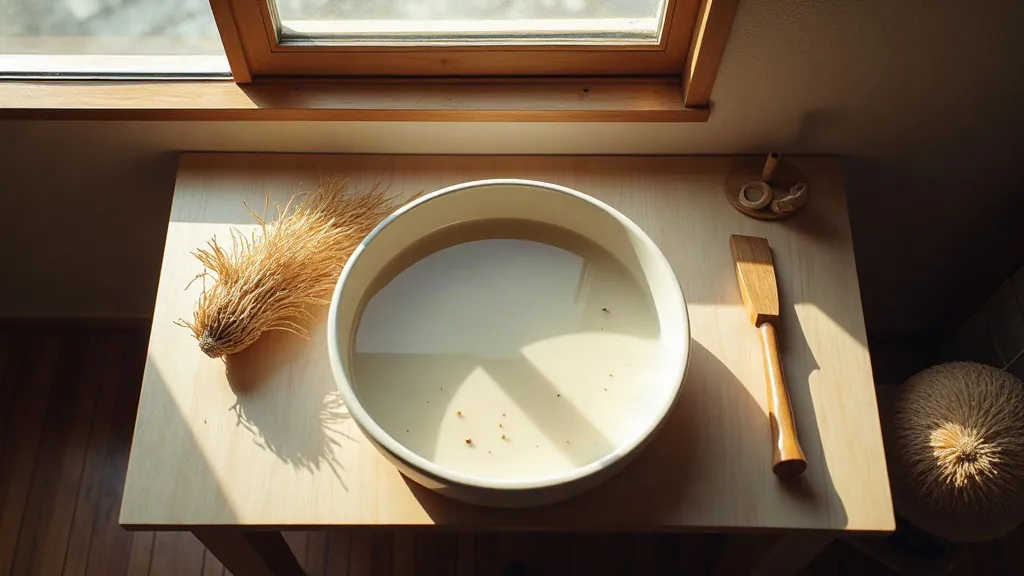 Artisan washi paper-making workspace with dried bark fibres and ceramic water basin in north light