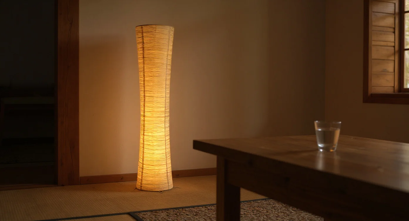 Washi lamp casting warm diffused light on oak desk surface in dusky study room with travertine wall