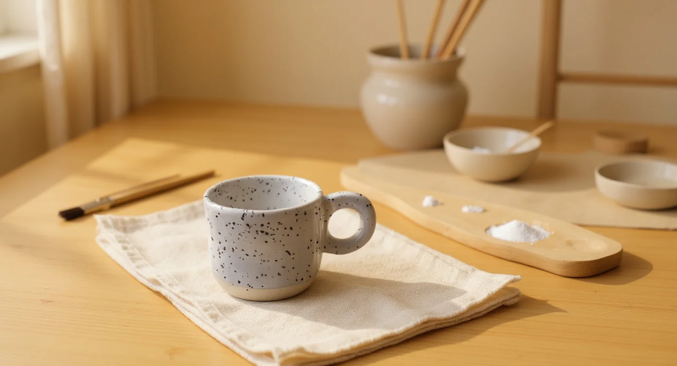 Japanese Tea Cup Ceramic on linen beside art pigments on wooden table