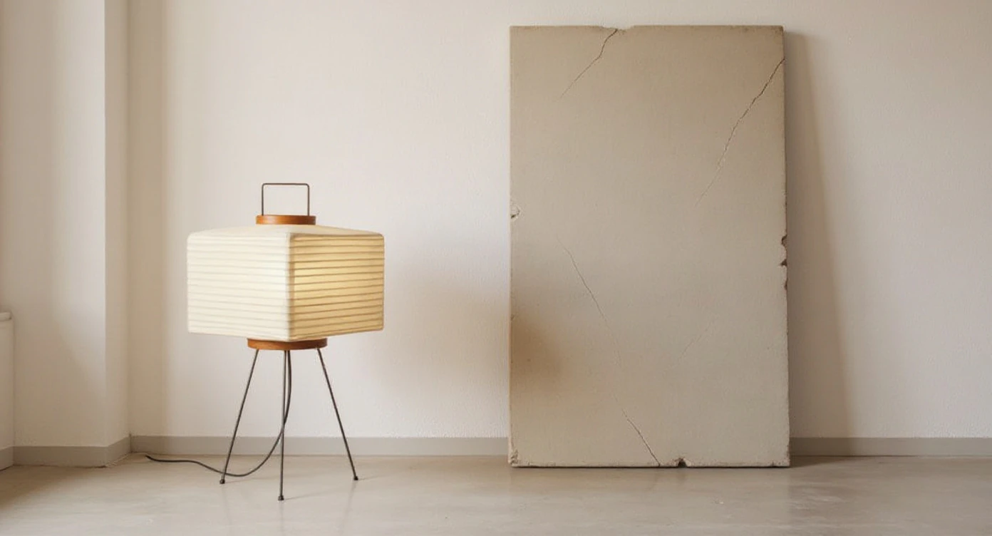Finished wabi-sabi plaster panel lit by Modern Floor Lamp on cream wall