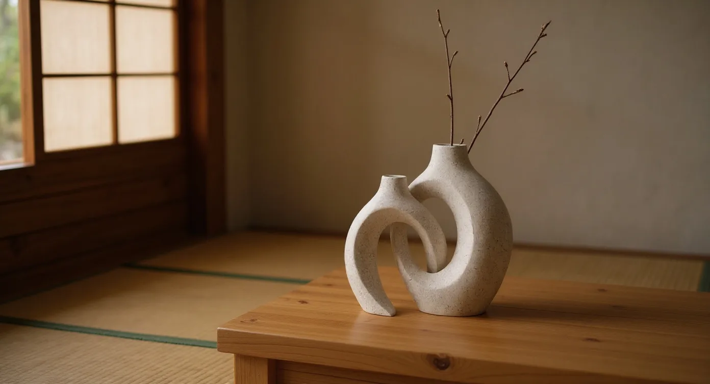Pale clay wabi-sabi vase with dried branch on low table in Japanese room