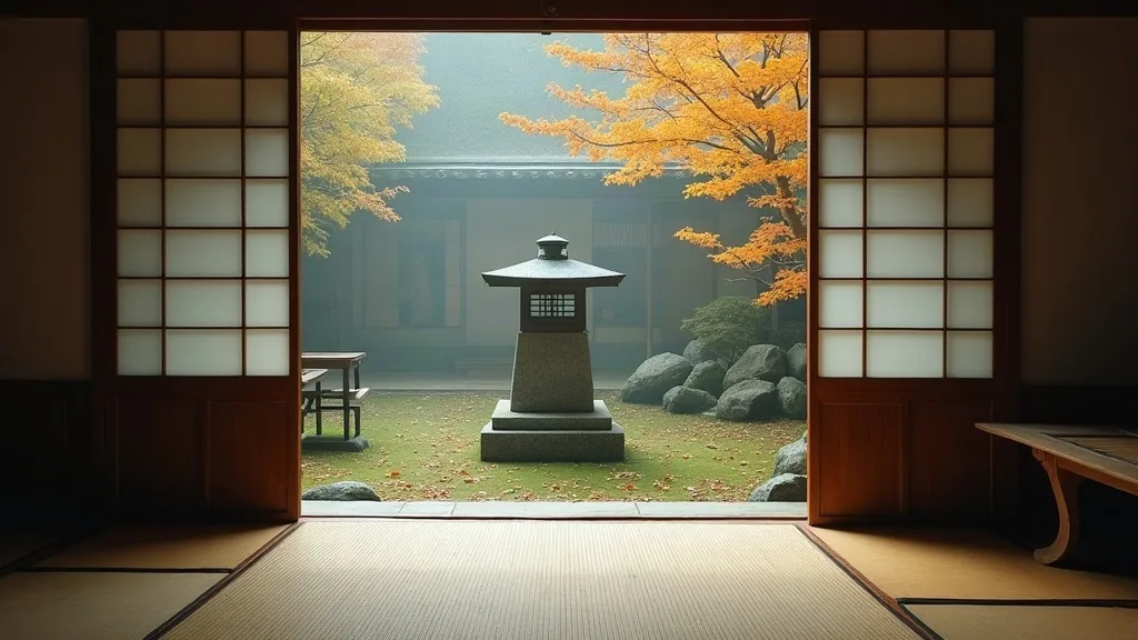 Misty shrine garden in autumn with stone lantern and fallen leaves