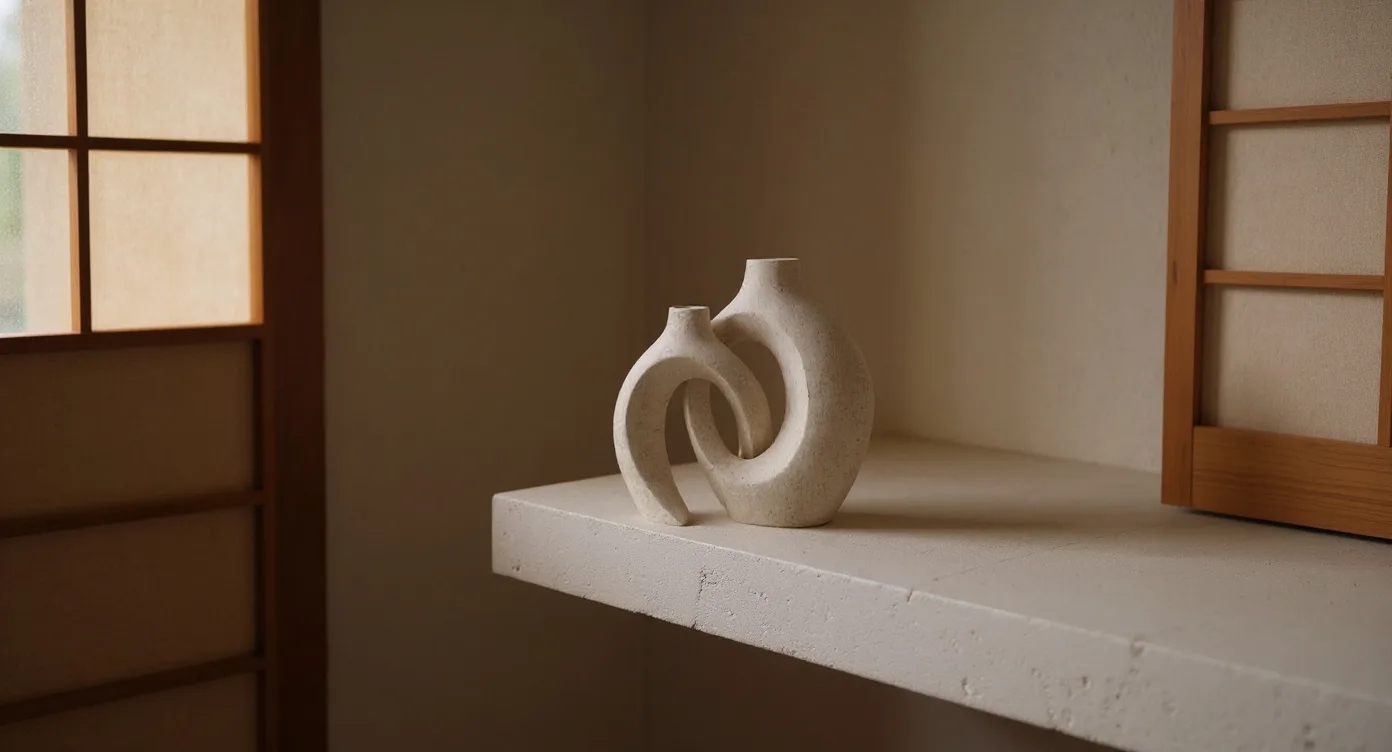 Wabi-sabi design vase on wooden shelf with natural side-light revealing clay texture