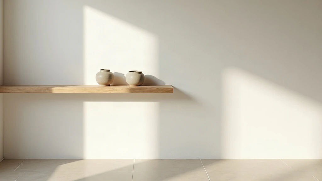 Minimalist Japanese kitchen corner with whitewashed walls, pale oak shelf, and handmade ceramic vessels in morning light