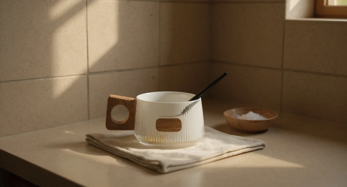 Japanese Wabi Sabi Cup on linen cloth on kitchen counter in morning light with travertine backsplash