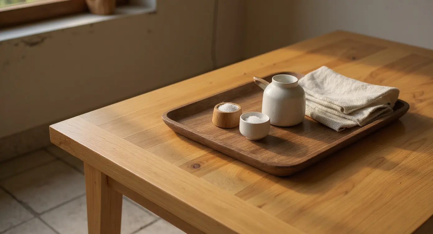 Wabi Sabi Tray on pale oak kitchen table with ceramic objects and linen cloth in afternoon light