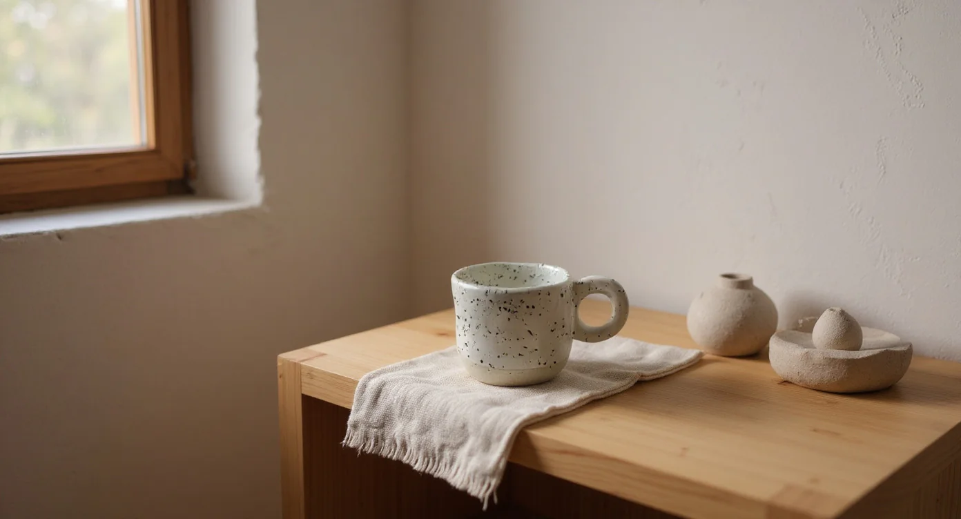 Japanese Tea Cup on linen cloth and ceramic platform by a north-facing bedroom window at dawn