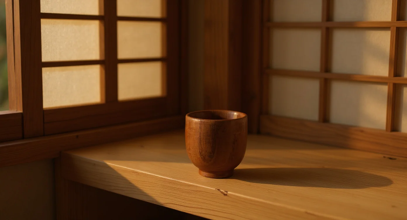 Wabi Sabi Wood Cup on pale oak shelf in afternoon light on a traditional engawa