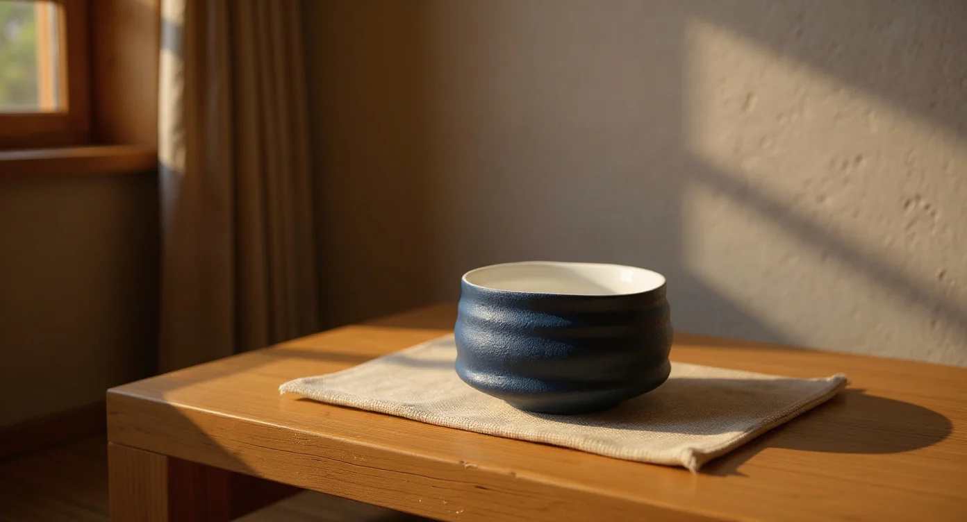 Blue Matcha Bowl showing thick walls and foot in warm afternoon light