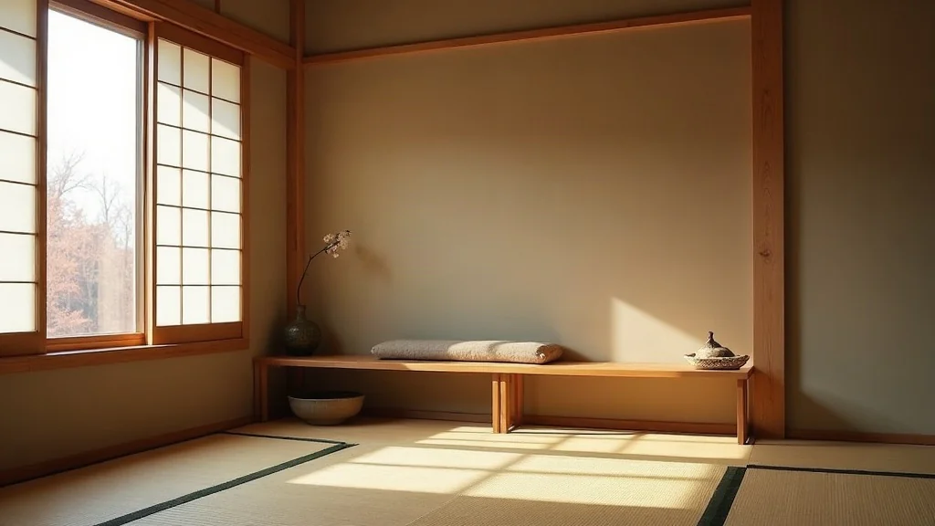 Peaceful Japanese tea room interior with shoji light and tatami, empty and serene