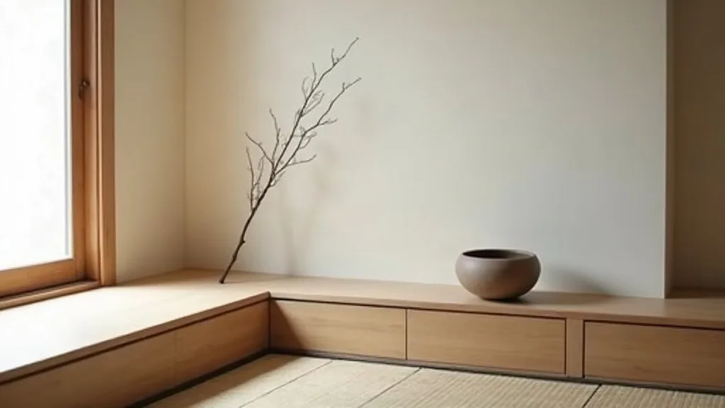 Minimalist Japanese interior with clay pot, wooden shelf, soft light, empty space