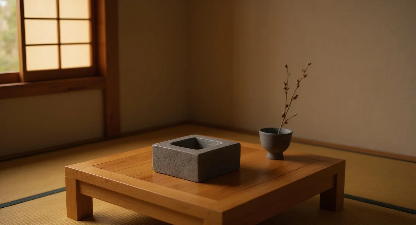 Stone Incense Burner on low meditation table, tatami room, golden afternoon light through shoji screen