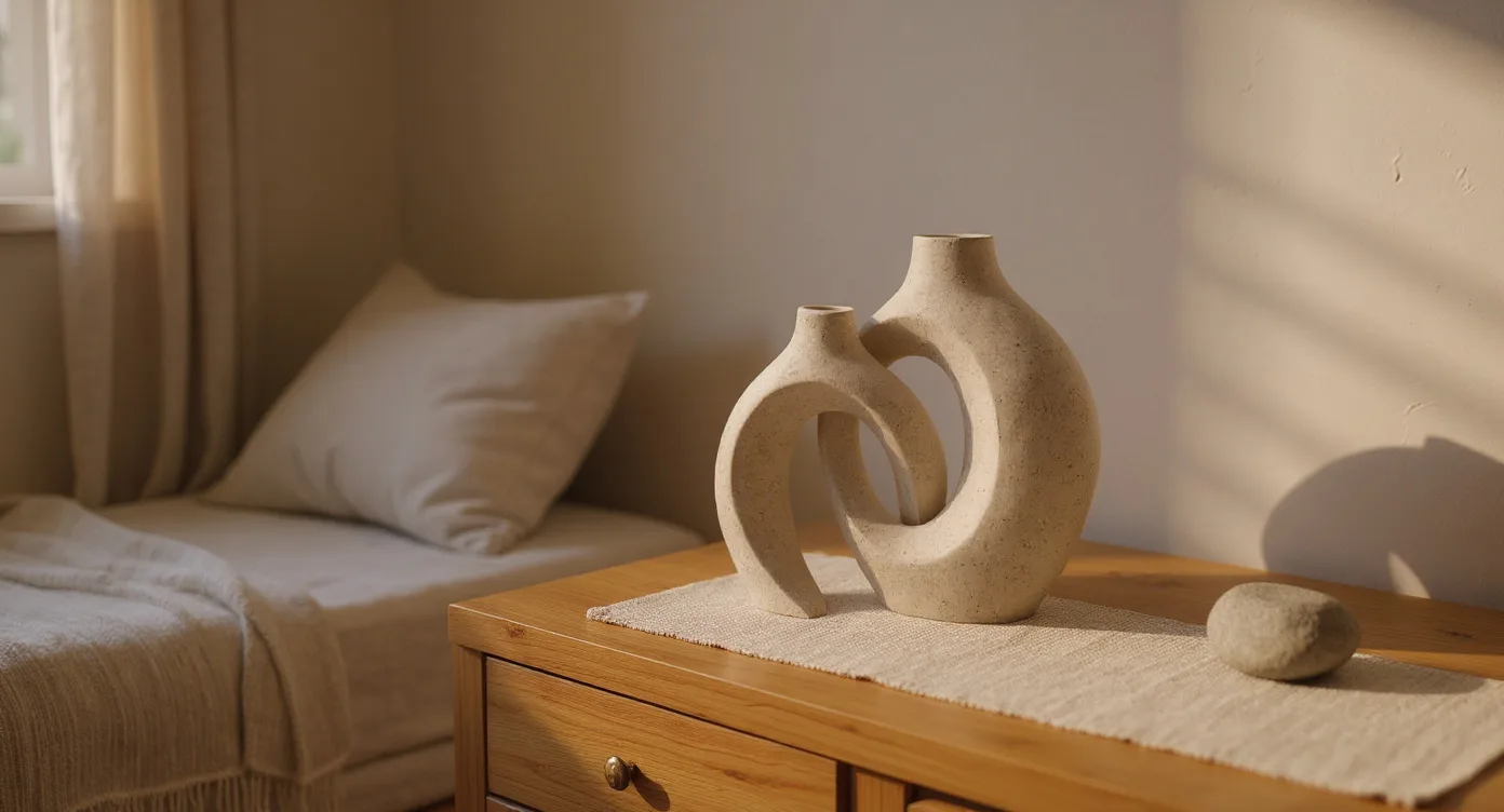 Wabi Sabi Design Vase on oak dresser in bedroom, soft golden light, white linen, river stone