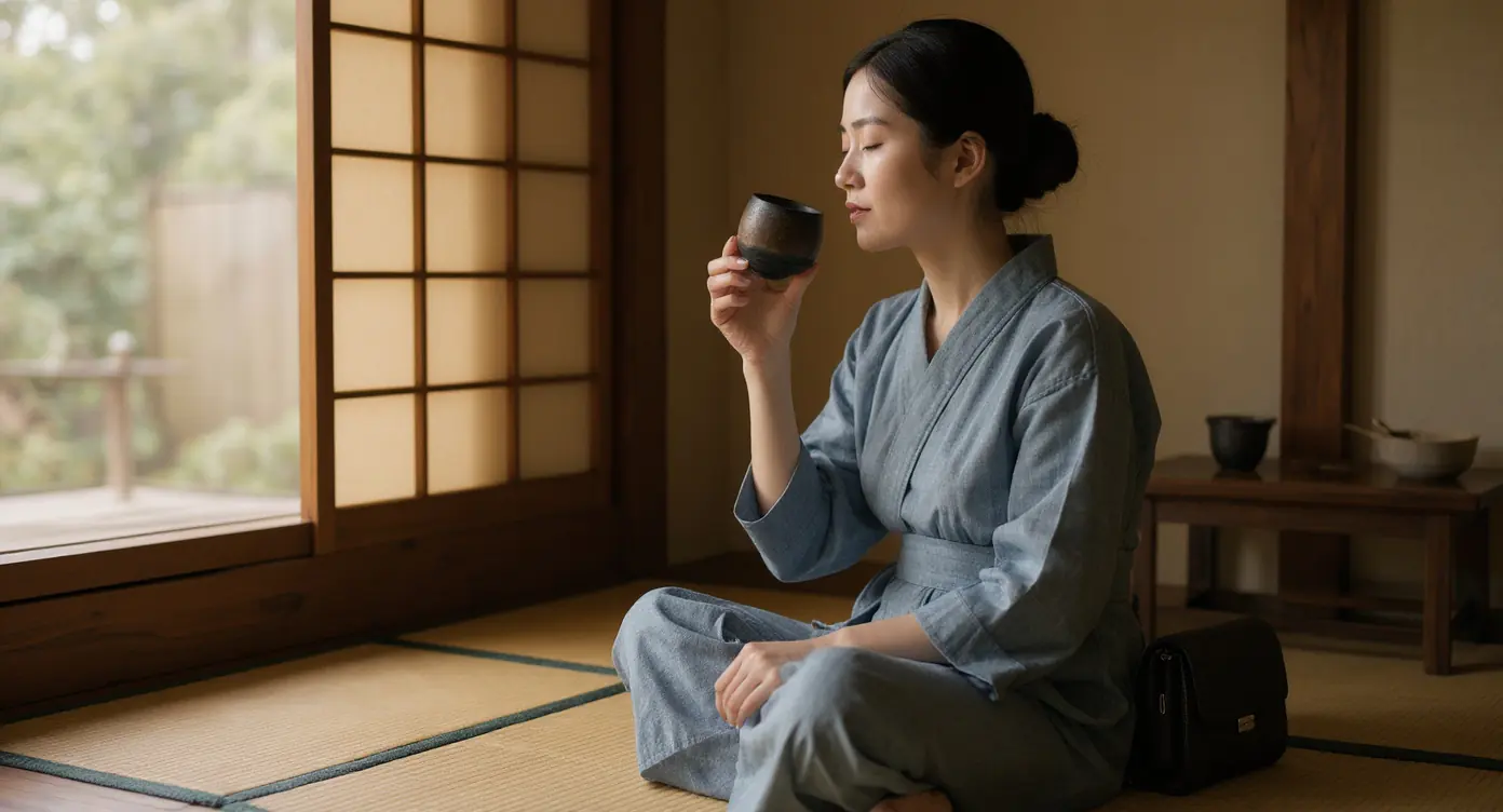 Woman holding traditional tea cup in morning light on tatami, serene Japanese interior