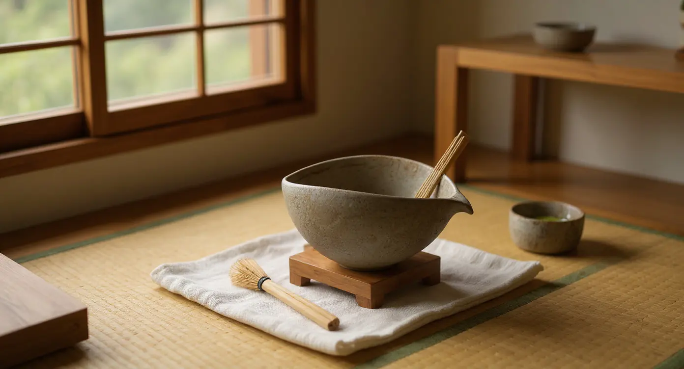 Ceramic matcha bowl with whisk on wooden stand in minimalist Japanese interior with soft daylight