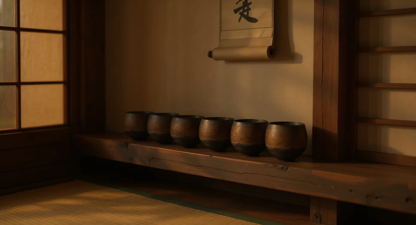 Collection of traditional Japanese tea cups on wooden shelf with golden afternoon light through shoji screens