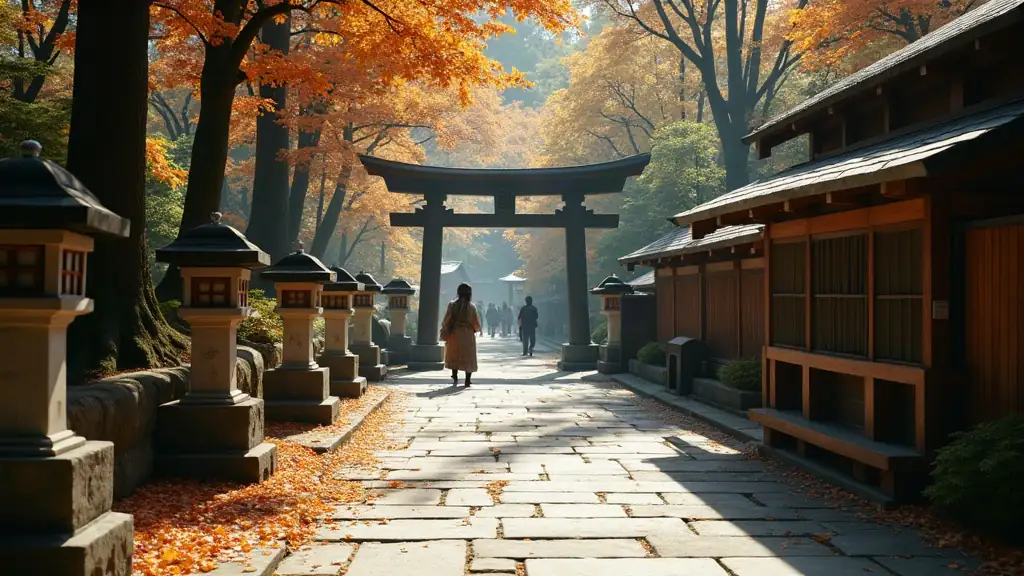 A shrine approach path with autumn foliage and visitors in traditional attire