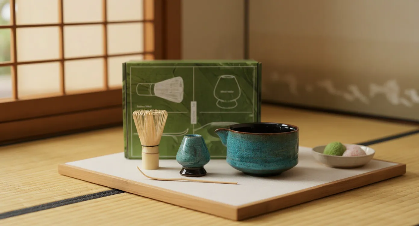 A Matcha Tea Set on a low table in a tatami room with filtered afternoon light