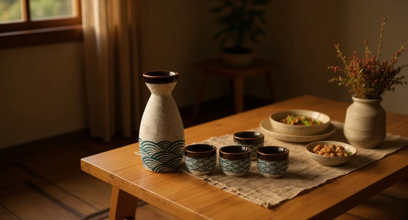 A Vintage Sake Set arranged for an evening gathering with appetizers and flowers