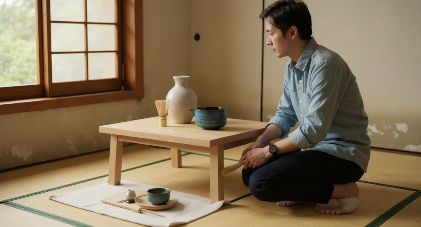Matcha Tea Set on a low cedar table as a person whisks tea barefoot