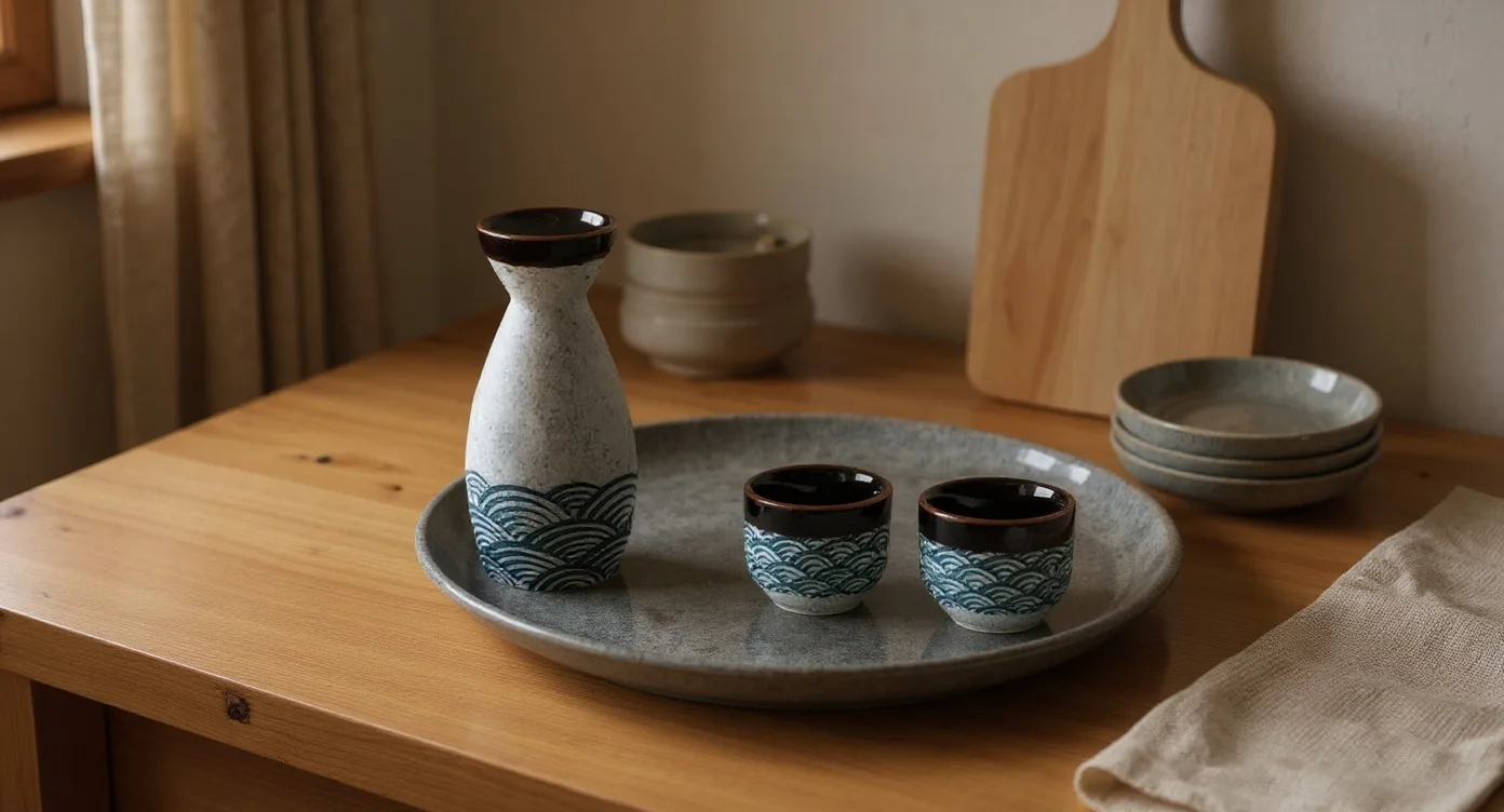 Vintage Sake Set flat-lay on a wooden sideboard with small ceramic dishes