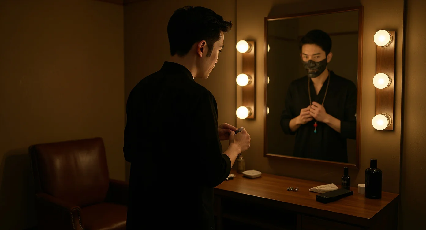 A host meticulously grooming himself in a black Japanese shirt, preparing for his night shift in a dimly lit private lounge.