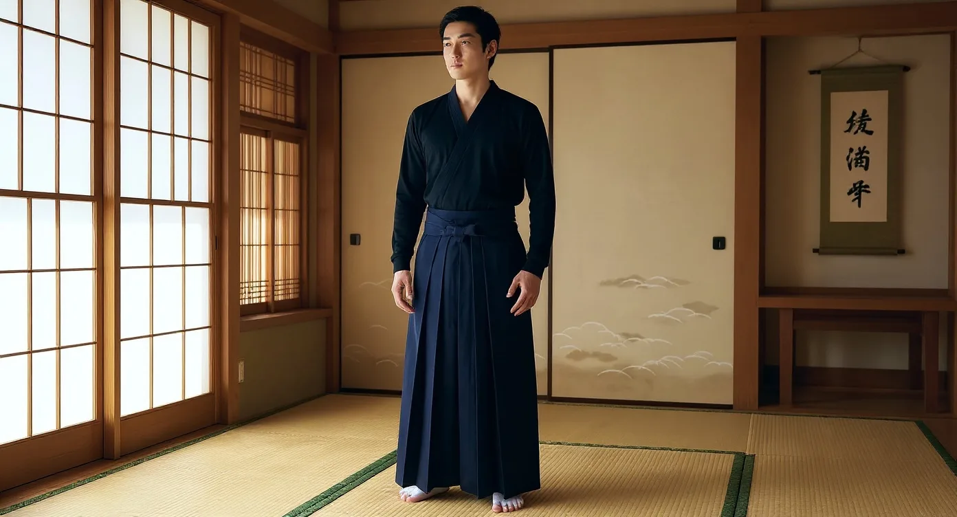Man in a navy Aikido Hakama practicing kendo suriashi on tatami in a washitsu room