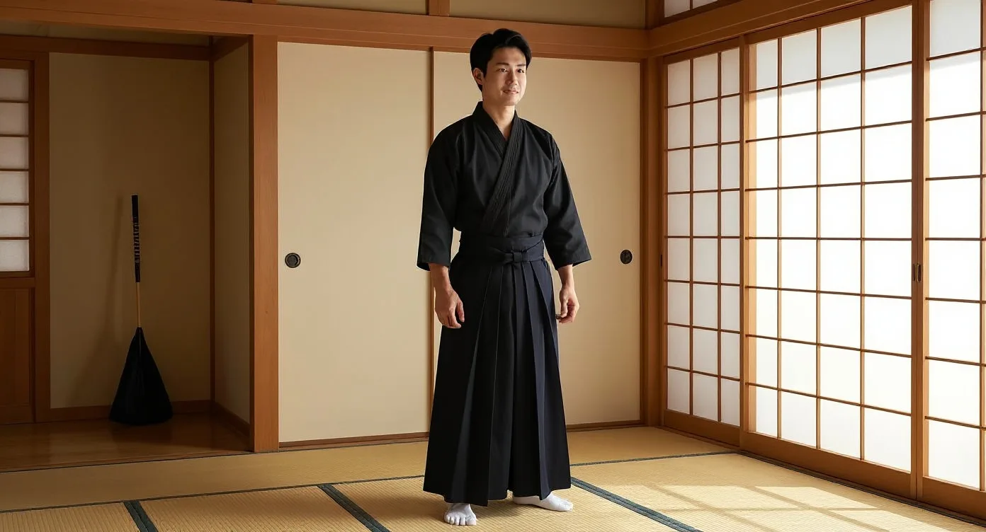 Man in a black hakama holding chudan foot position on a home dojo floor