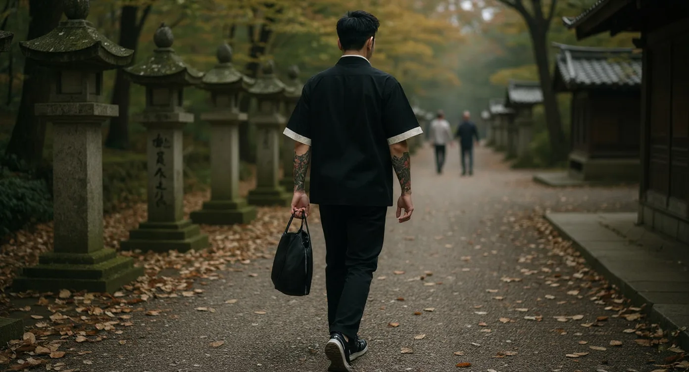 Man in a plain black haori walking a lantern-lined shrine path in autumn