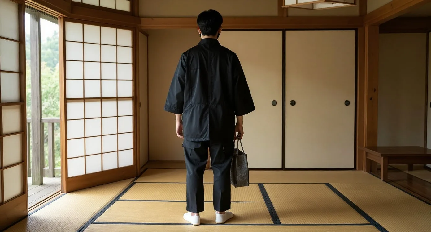 Haori Techwear jacket worn in a washitsu before a shrine walk, tabi socks on tatami