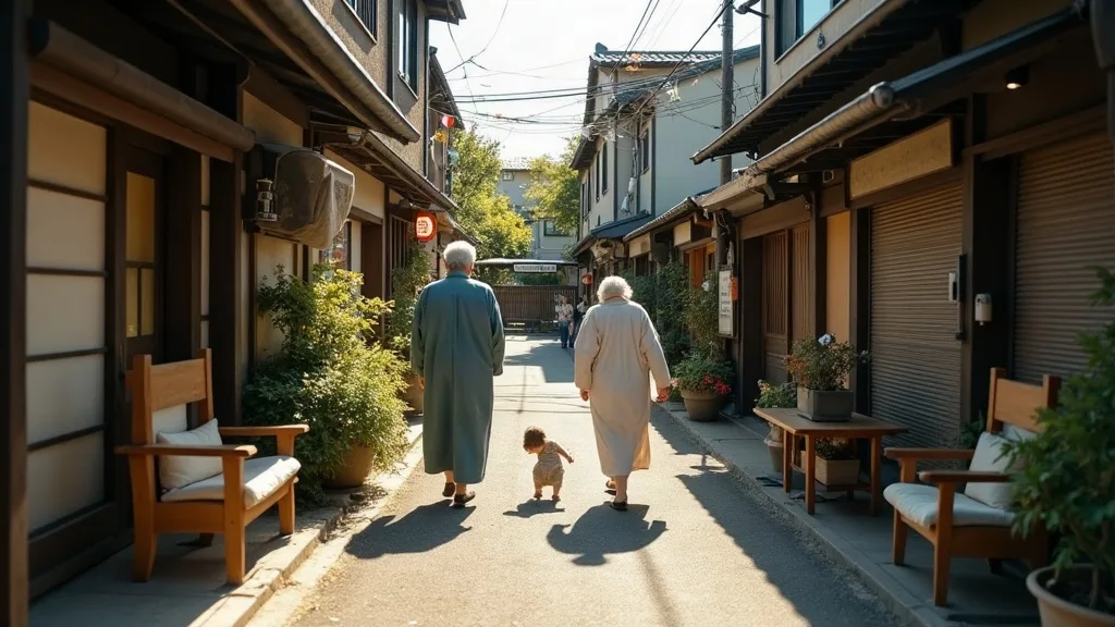 Quiet Japanese street during the Silver Week holidays with families out walking