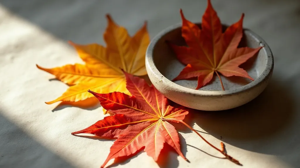 Autumn maple leaves backlit on washi paper, glowing crimson and gold in soft afternoon sunlight.