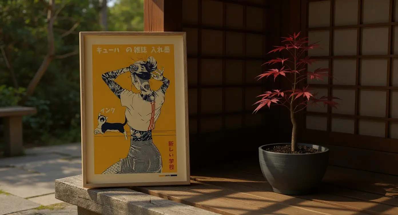 Framed Japanese style print propped on a wooden shelf next to a living red maple bonsai in afternoon dappled light on a veranda.