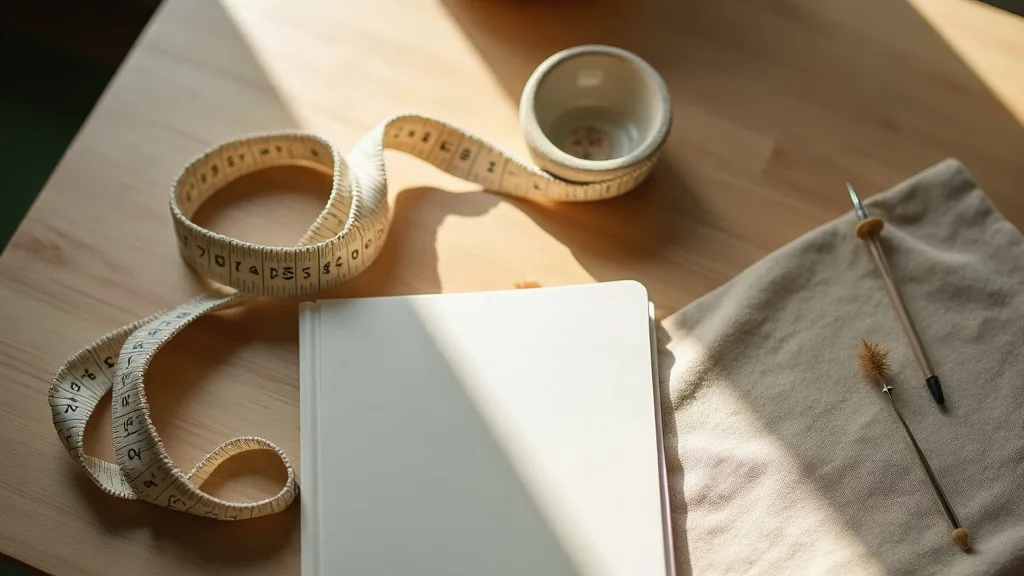 Measuring tape, notebook and folded ecru cotton on pale wood table in daylight