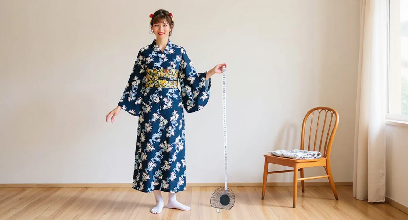Woman in socks wearing Japanese Kimono Style Dress being measured at the hip
