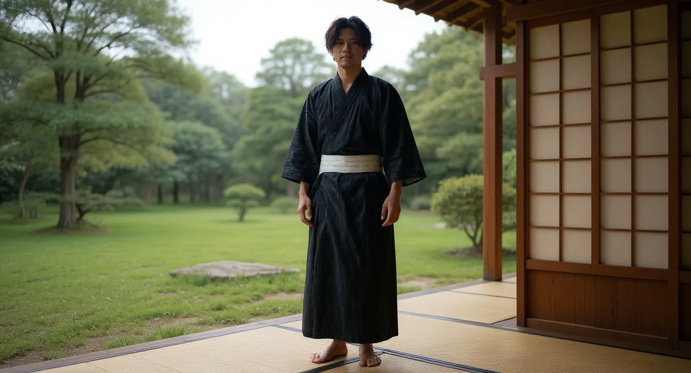 Man wearing an ankle-length navy kimono on an engawa