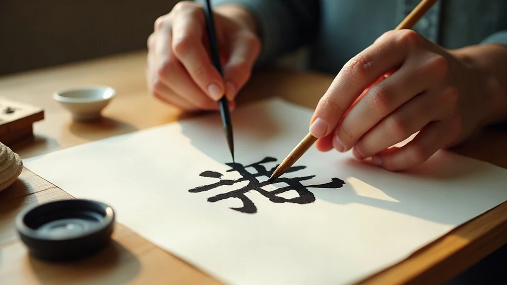 Hands painting a kanji character with traditional calligraphy brush and black ink