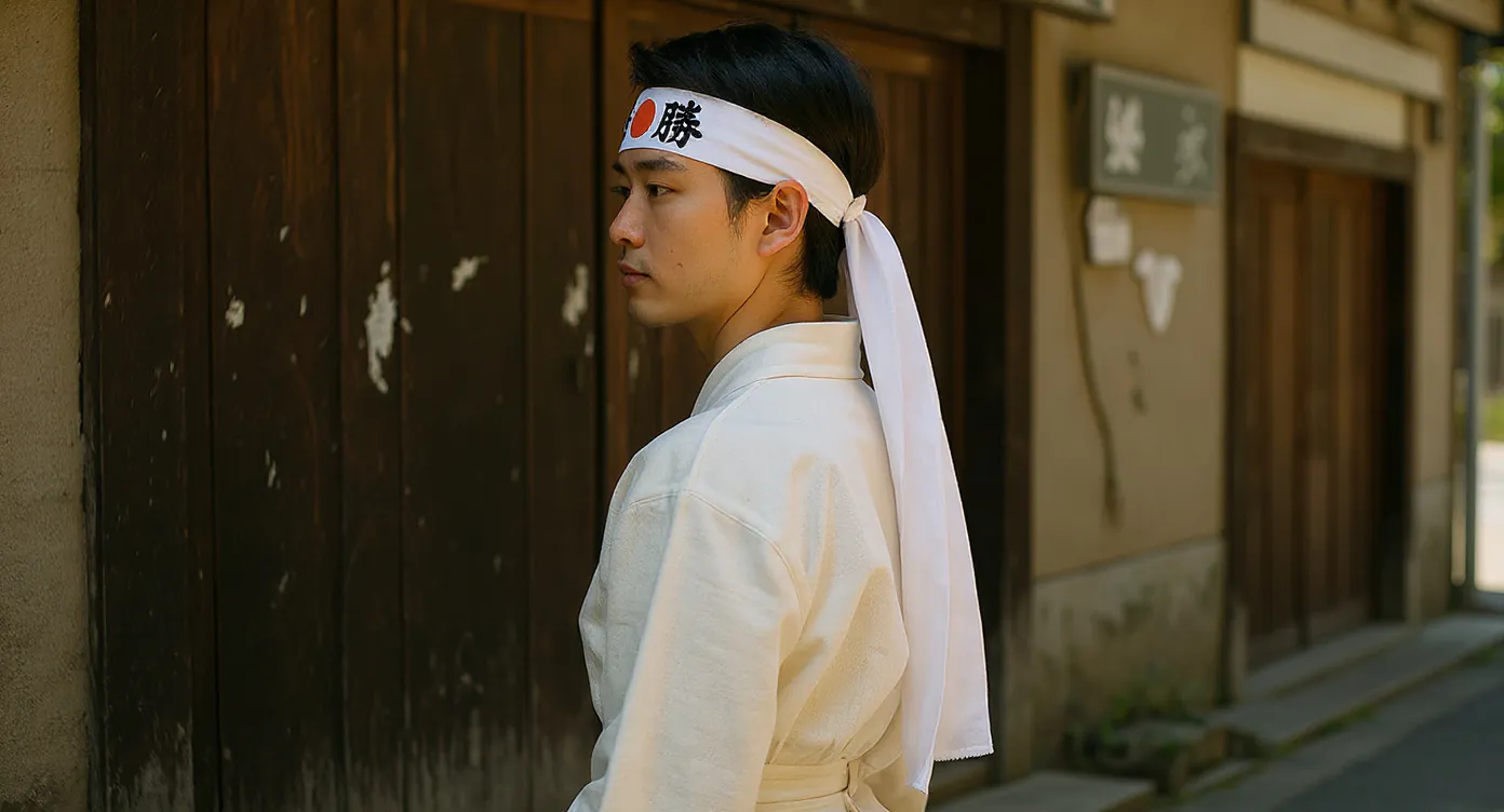 Person wearing white hachimaki headband with kanji 英 in deep indigo, standing outdoors at a wooden gate