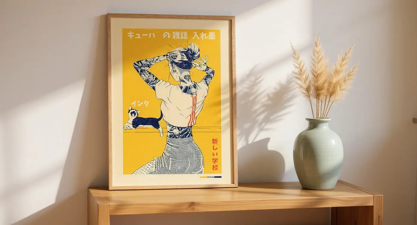 Framed Japanese print with kanji 英 displayed on whitewashed wooden wall with morning light