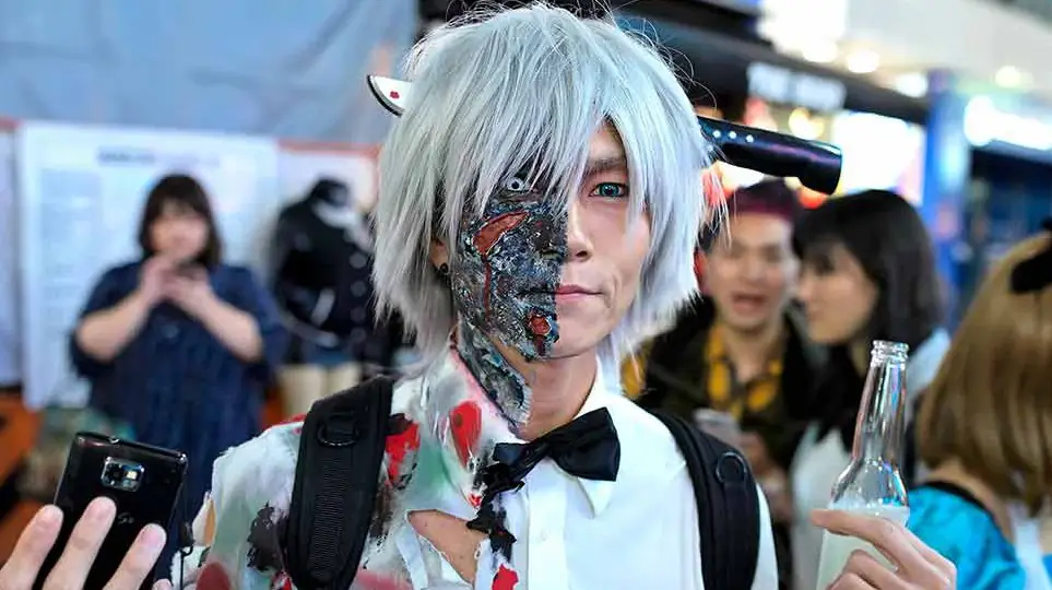 A Japanese man during Halloween Tokyo dressed as the undead
