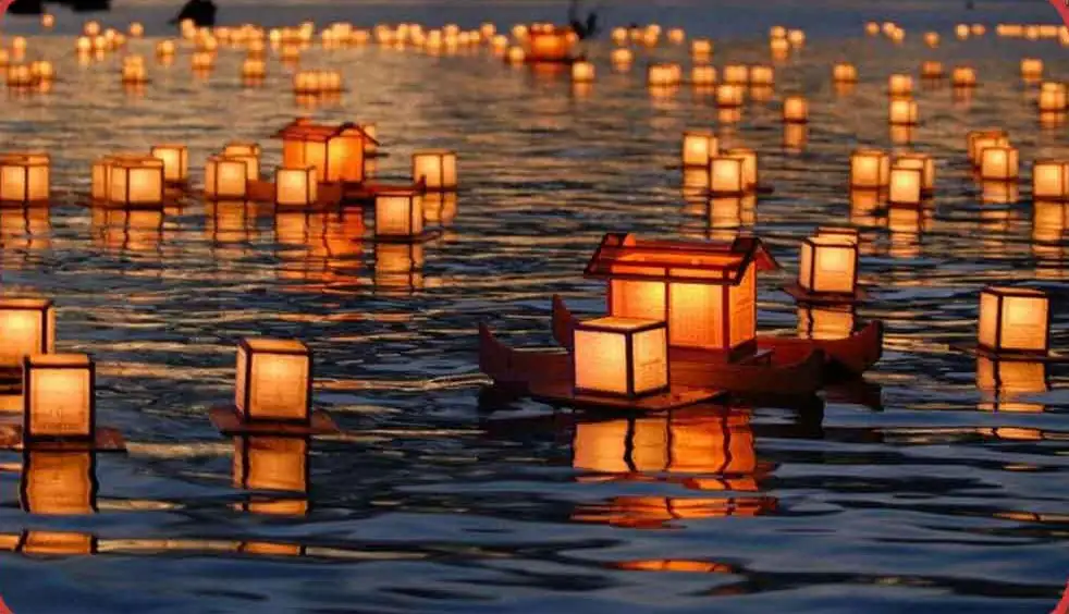 Obon Festival in Japan with lanterns on water