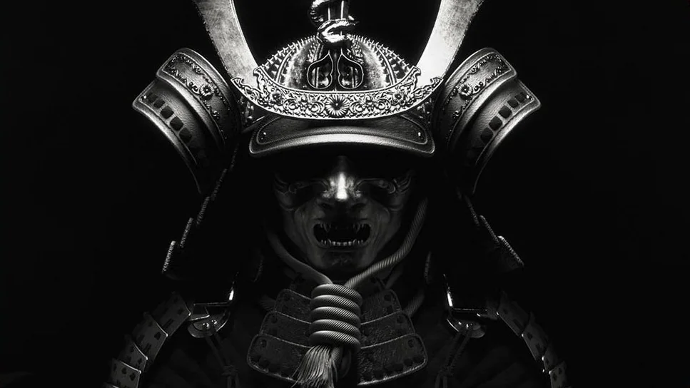 Mempo mask worn by a Japanese warrior with a kabuto helmet