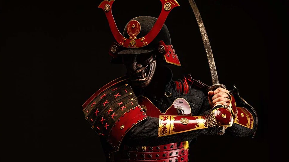 Samurai helmet mask worn by a Japanese warrior with a katana