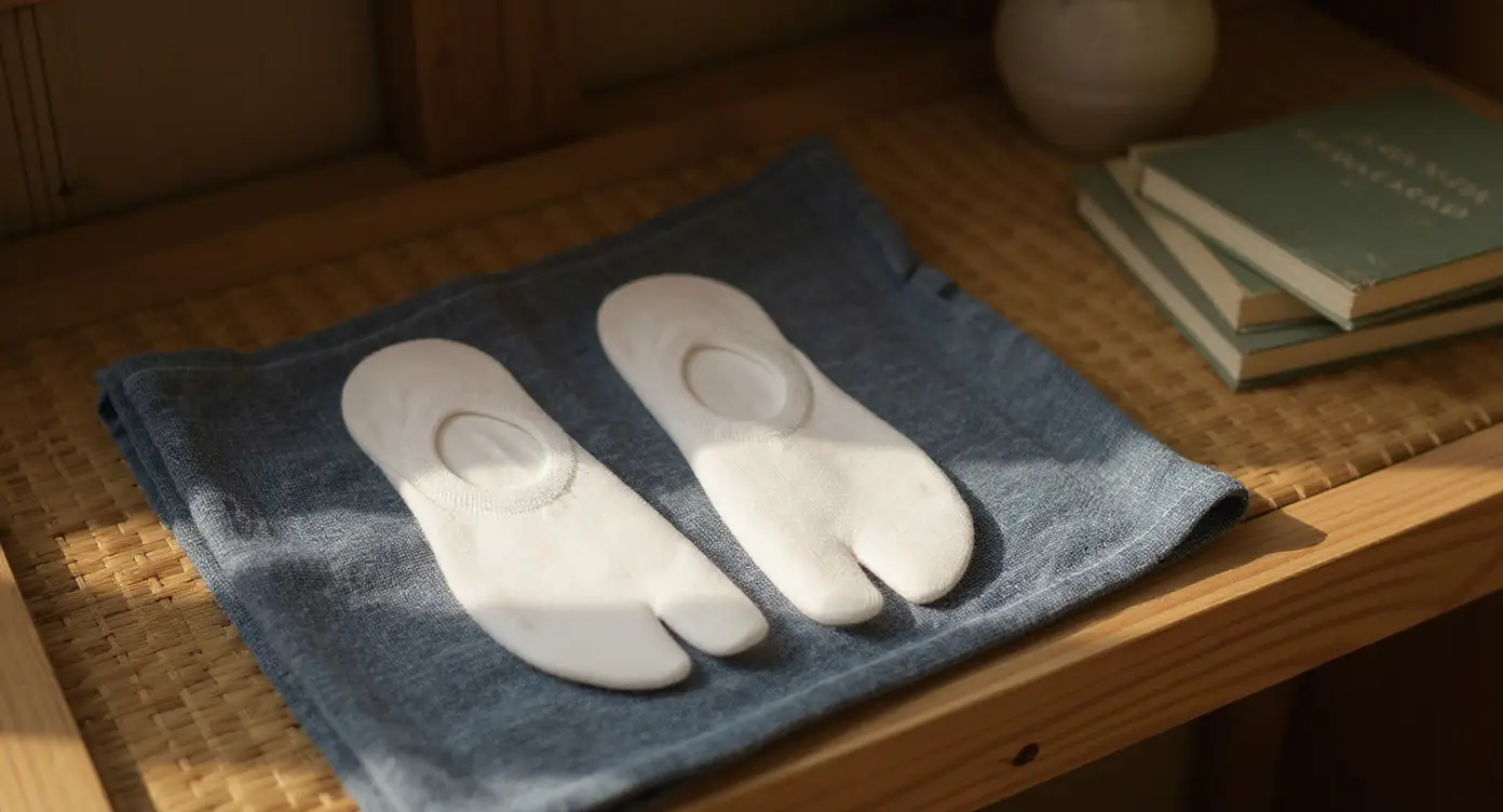 White tabi socks unfolded on linen cloth on a wooden shelf beside books in morning light