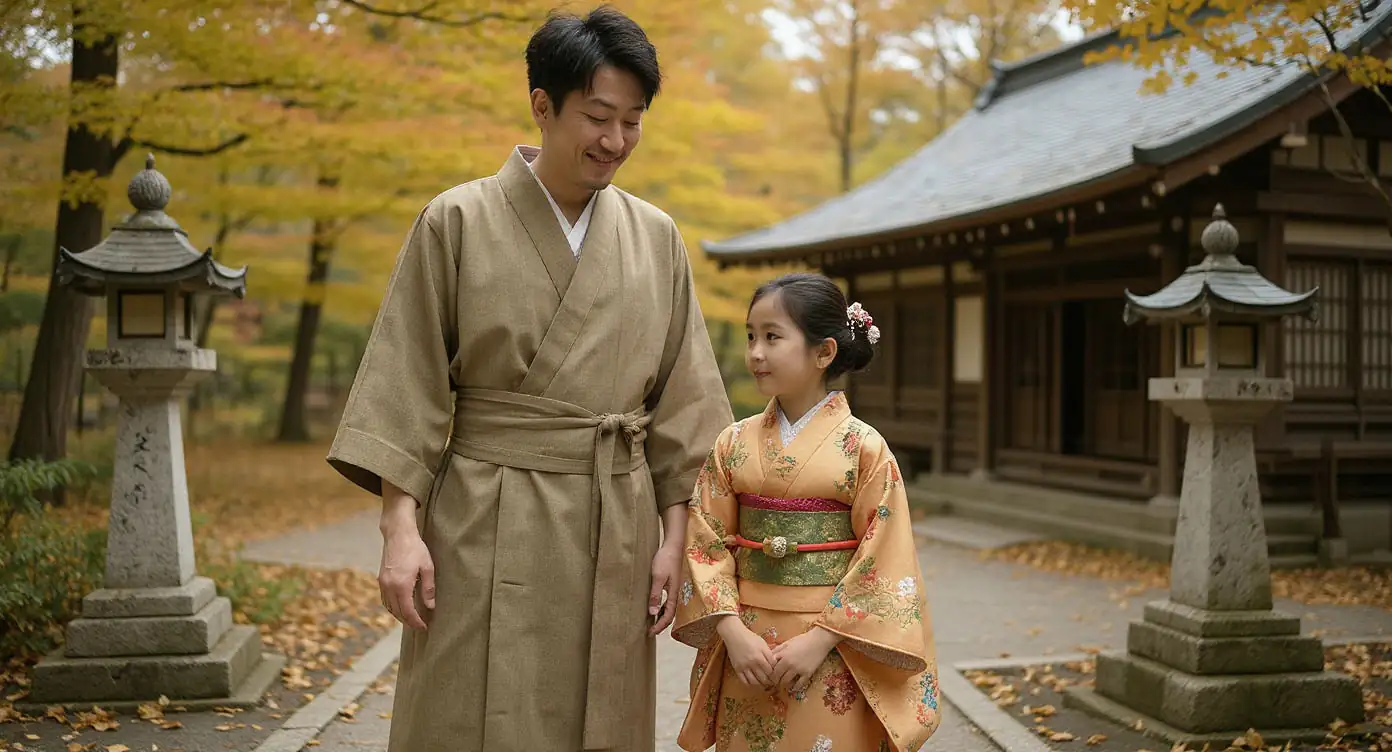 Adult wearing a muted haori standing beside a child in vibrant Shichi-Go-San kimono outside a shrine