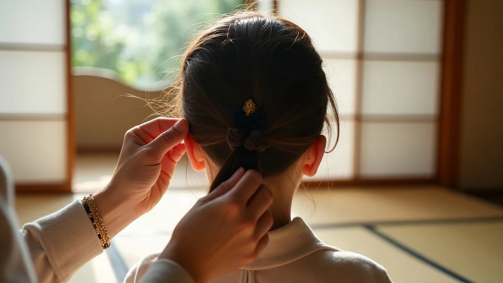Hands adjusting a traditional kanzashi hair ornament in a girl's hair indoors