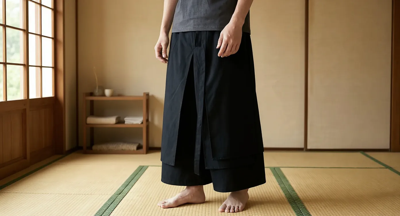 Young boy wearing traditional indigo hakama on tatami floor in a Japanese room