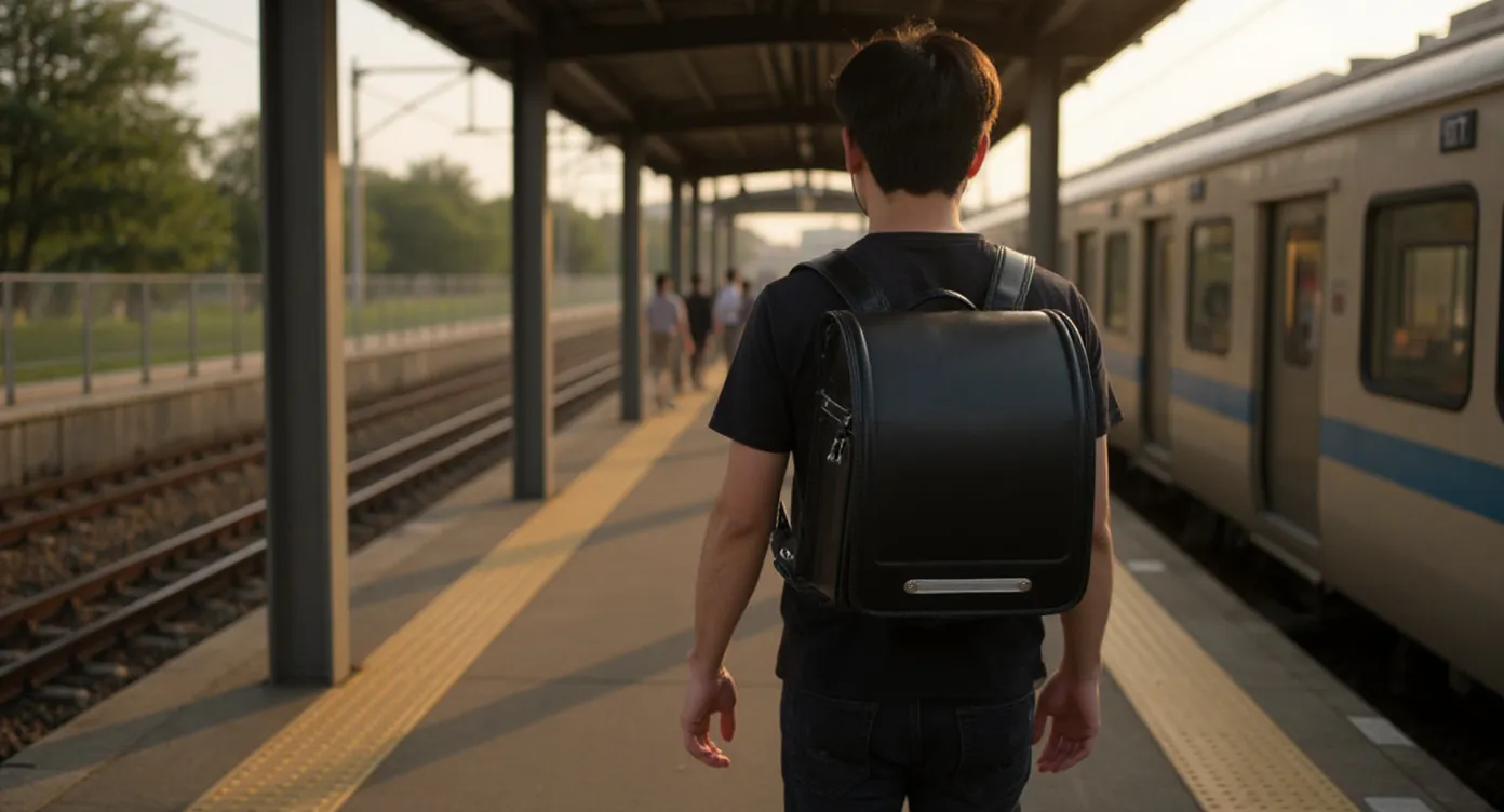 Adult wearing a compact black randoseru backpack on a Japanese station platform at sunrise