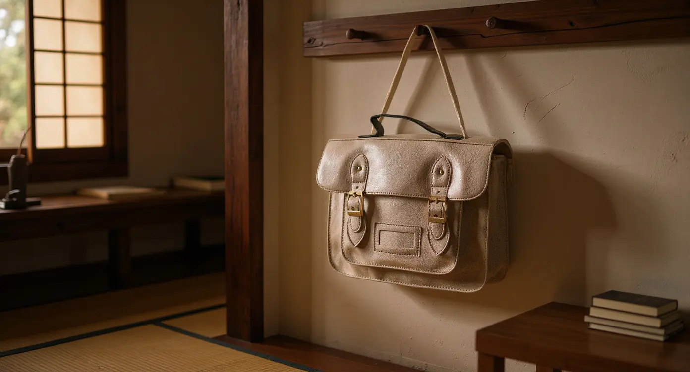 Flat linen Japanese school bag hanging on a wooden hook beside textbooks in a tatami study room